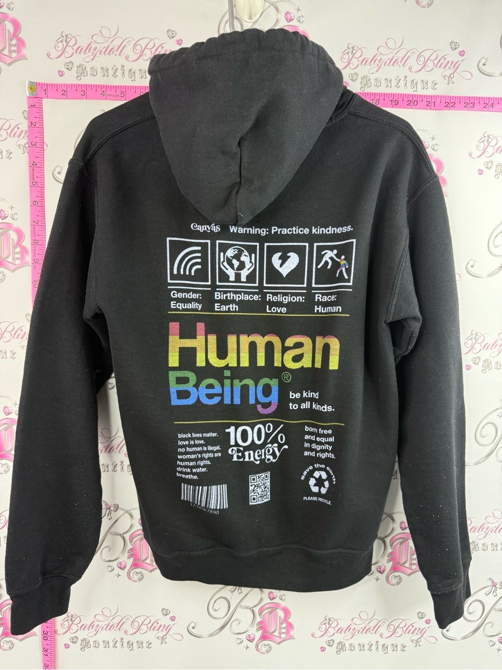 Gildan Black Hoodie with White "Be Kind To All Kinds" Text human rainbow
